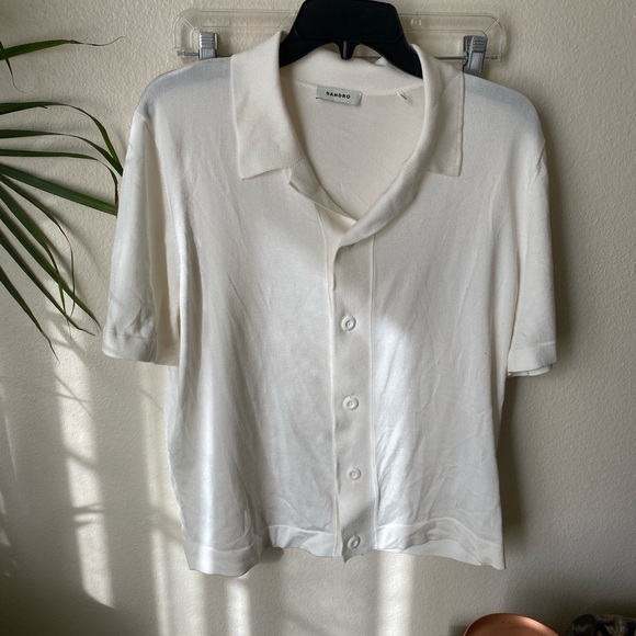 Sandro Men’s Short Sleeve Shirt in Cream Size M Button Down Knit Boxy Shirt - Picture 2 of 10